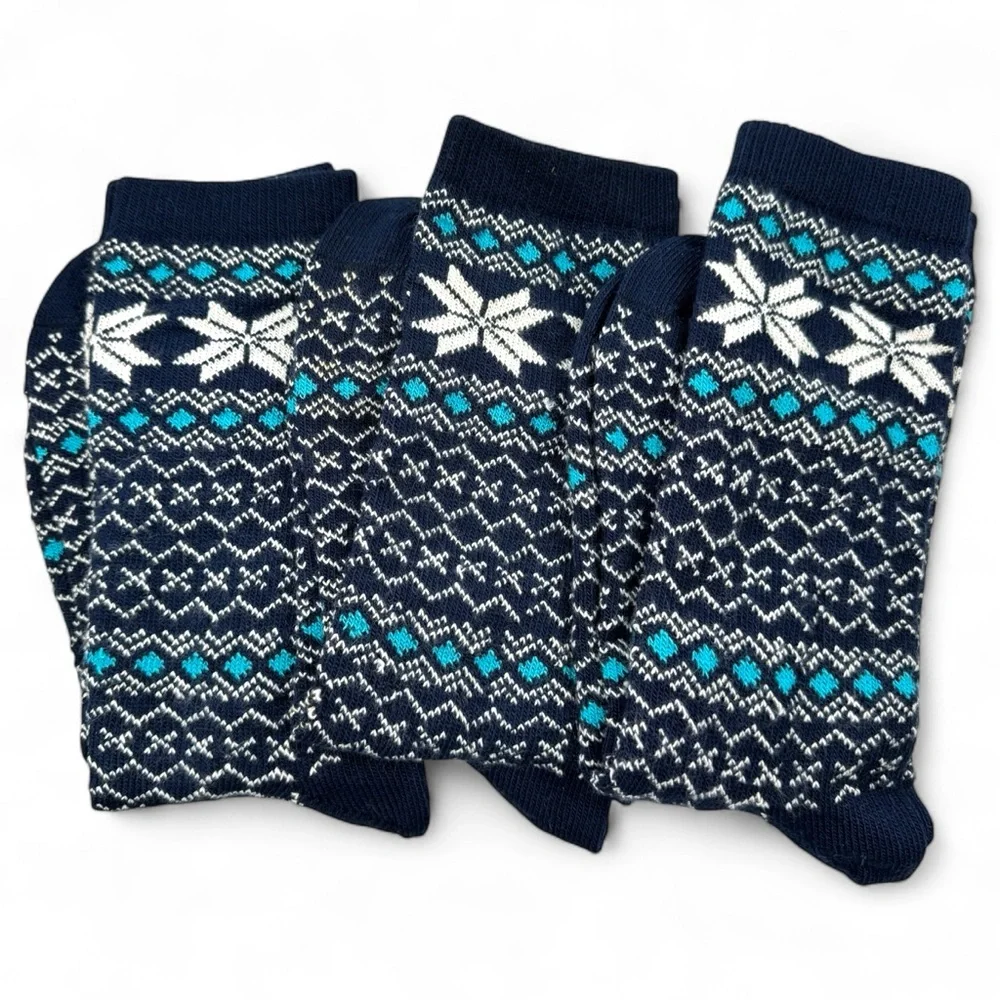 No Nonsense Fair Isle Mid Calf Boot Socks Snowflakes Size 4-10 Navy‎ 3 Pairs